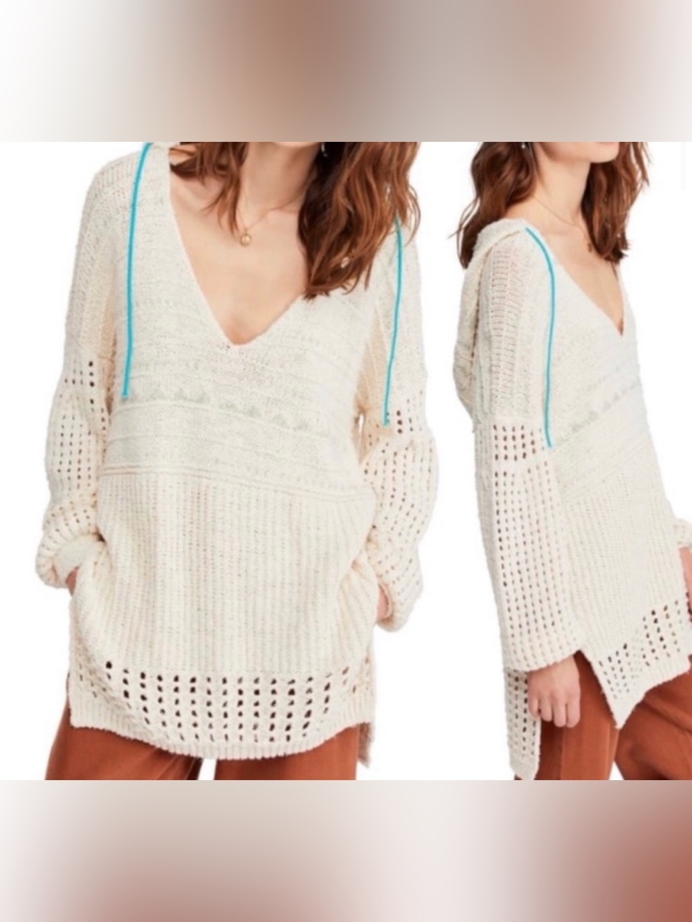 Free People Women One That I Want V-Neck Crochet Hooded Pullover Oversized L/XL